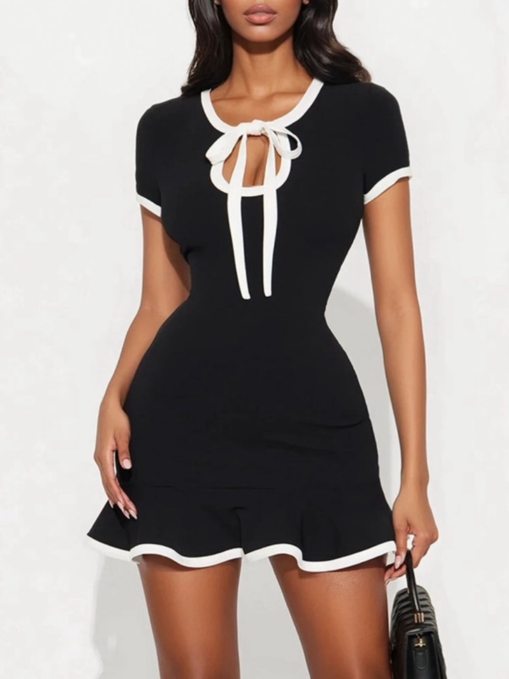 Fashion Nova Black & White Contrast Tie-Neck Mini Dress